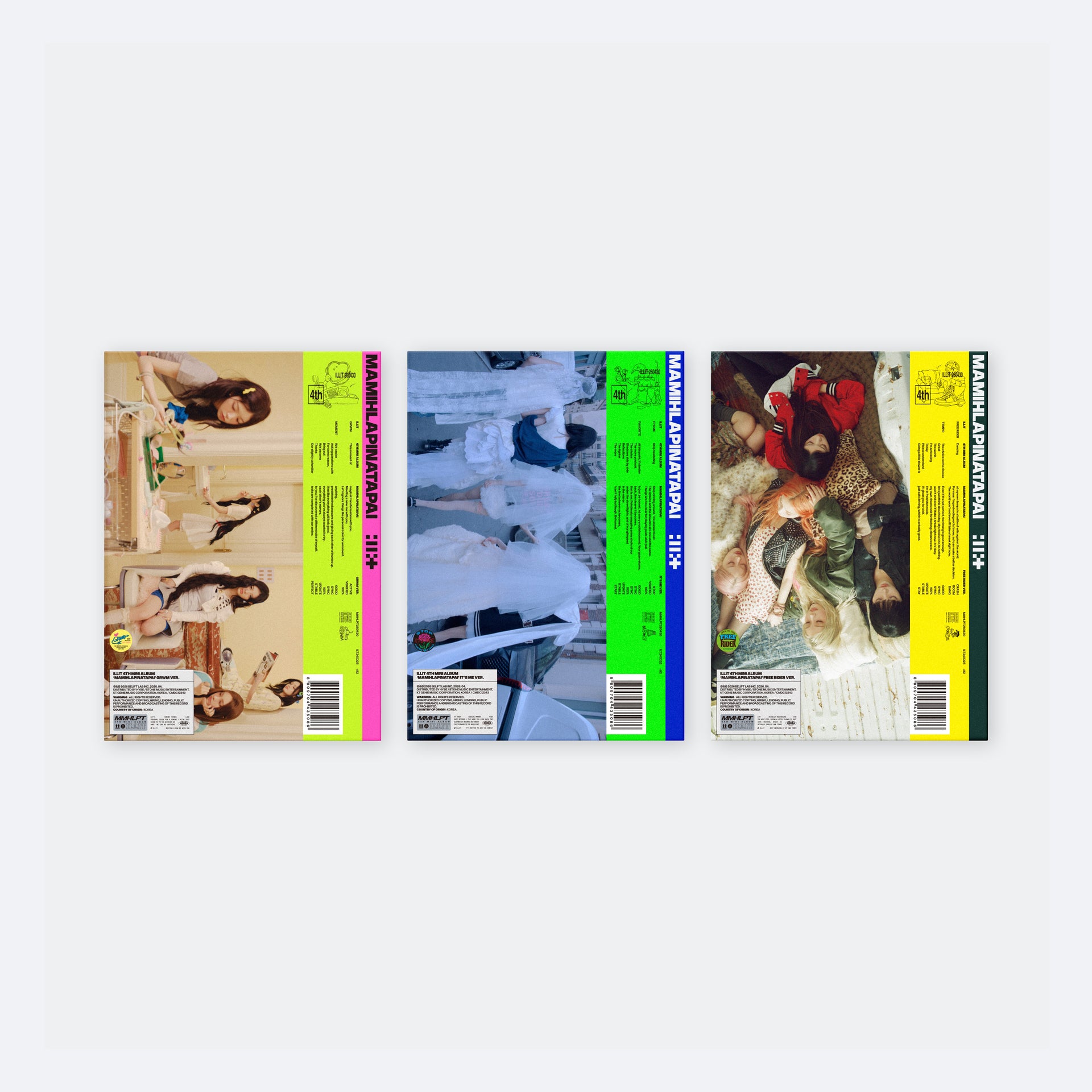 [Signed] ILLIT 4TH MINI ALBUM  MAMIHLAPINATAPAI in GRWM (Lime Green and Pink), IT'S ME (Neon Green and Blue), and FREE RIDER (Yellow and Dark Green)